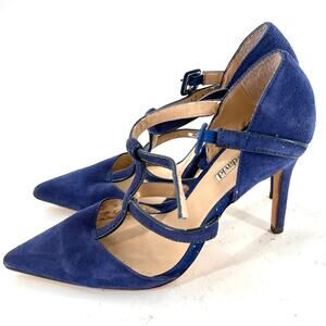 Charles David Cage Strappy Heels 7.5 Blue Suede Pumps Academia Office Career